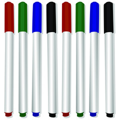 Set of felt-tip pens with primary colors red, green, blue, black. Markers for highlighting in text.