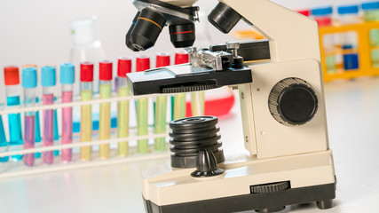 Fototapeta na wymiar Test tubes and flasks and microscope in a chemical laboratory