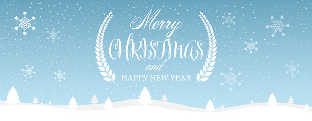 Obraz premium Merry Christmas and Happy New Year typographical on blue background with winter landscape with snowflakes. Vector illustration