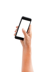 hand holding smartphone isolated on white background - clipping paths