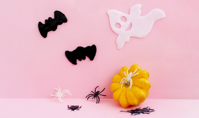 Obraz na płótnie Canvas bats, spiders, pumpkin and Ghost on pink background. Halloween concept. 