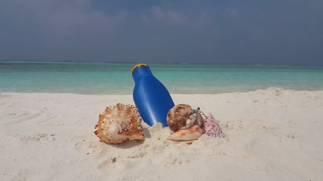 Sunscreen Protection Cream And Seashell On White Sand Beach And small hermit crab climbing on the shells