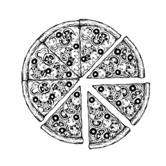 Vintage drawing, pizza, table, organic food ingredients. Hand drawn pizza illustration. Great for menu, poster or label.