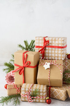 Big Stack Of Wrapped Christmas Gift Boxes, Toys And Decoration.