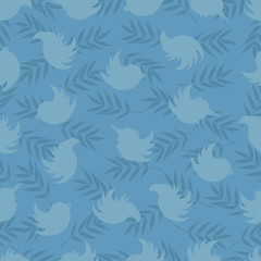 Fototapeta na wymiar Seamless pattern of silhouettes of birds and rowan leaves in soft blue tones
