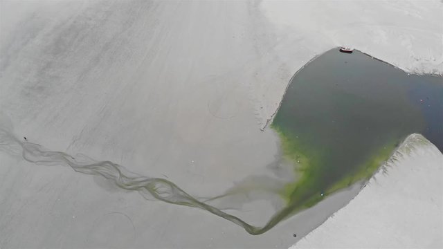 Sea View - Top Aerial View Of Moss-filled Green Pool By The Beach With A Boat - Dolly Fornt 