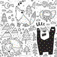 Seamless pattern of cute animals - fox, bear, owl, wolf and graphic elements in geometric style. Great for fabric, textile. Vector illustration