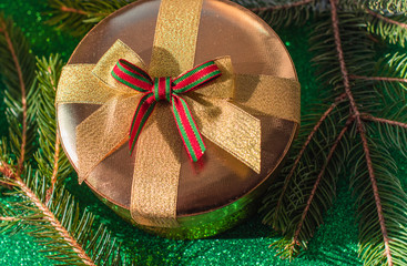 Christmas gift concept. Golden box with present