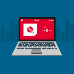 laptop application for online buying, downloading and listening to music. illustration of music player app on laptop