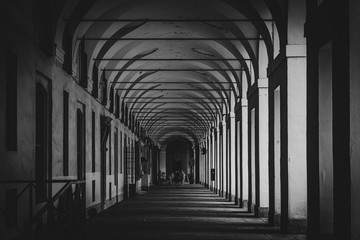 Pathway in arcade (porticos) gallery in Turin, Italy