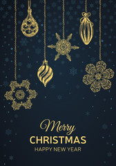 New Year holidays greeting card. Christmas holiday invitation. Ornament with snowflakes. Vector illustration sketch christmas party invitation with toys.