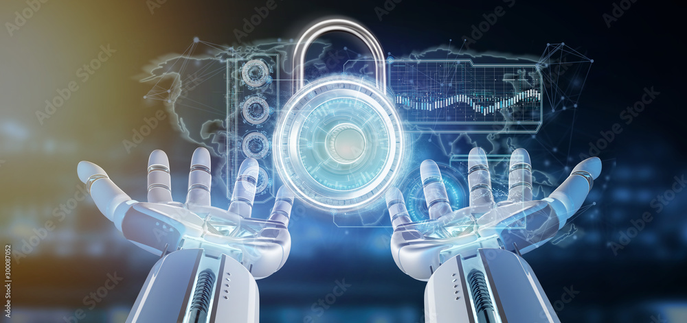 Poster cyborg hand holding a padlock security technology interface 3d rendering