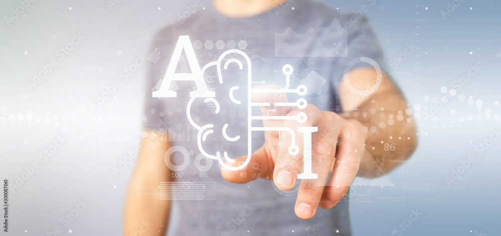 Poster business man holding artificial intelligence icon with half brain and half circuit 3d rendering