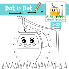 Dot to dot educational game and Coloring book Cable Car cartoon character perspective view vector illustration