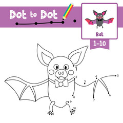 Dot to dot educational game and Coloring book Colorful Bat with bow animal cartoon character vector illustration