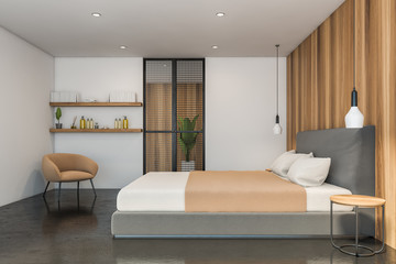 Naklejka na ściany i meble White and wooden master bedroom with armchair