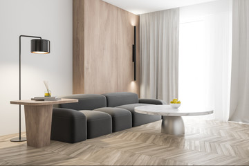 White and wooden living room corner, gray sofa