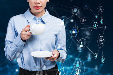 Businesswoman with coffee, social network icons