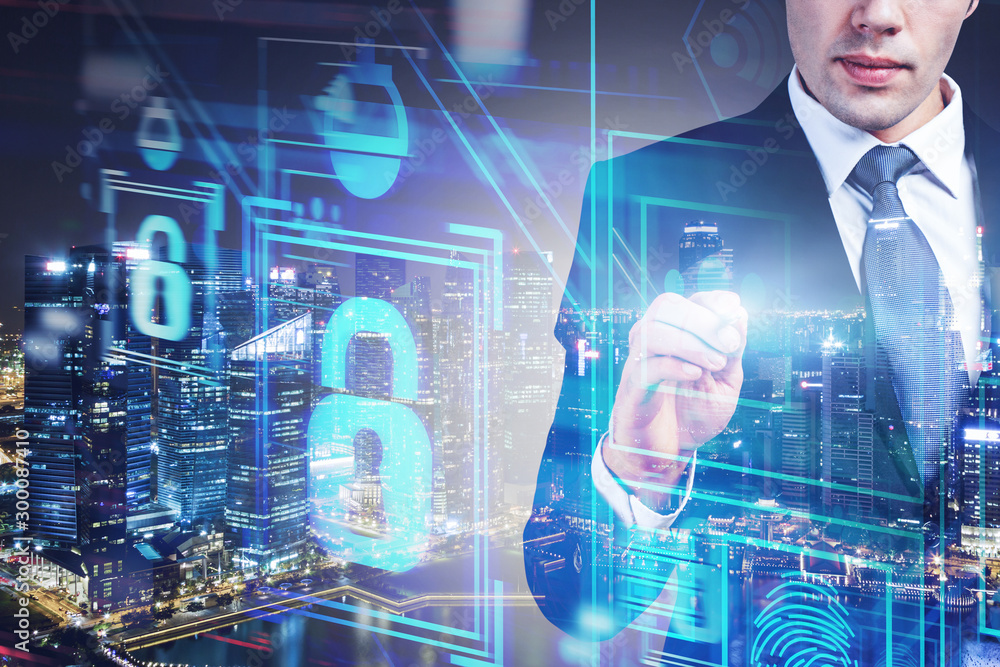 Poster man working with cyber security interface
