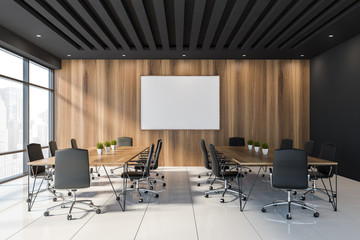 Black and wooden meeting room interior with poster