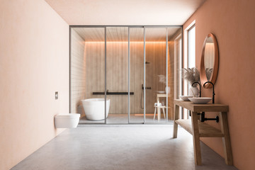 Beige and wooden bathroom with shower and toilet