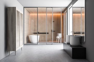 Beige bathroom with massive sink and wardrobe