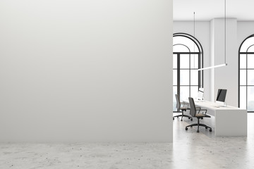 White open space office with mock up wall