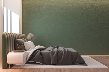 Side view of green and pink bedroom, gray bed