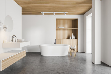 White and wooden bathroom interior, tub and sink
