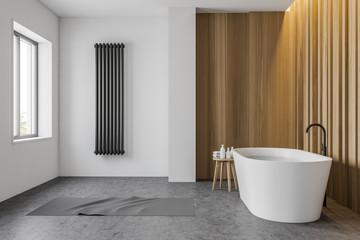 White and wooden bathroom with tub, side view