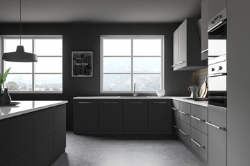 Fototapeta na wymiar Side view of dark grey kitchen with picture