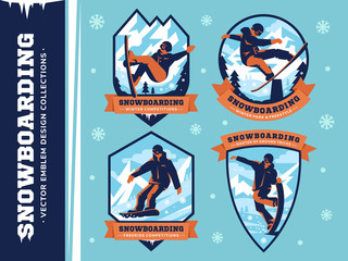 Snowboarding freeride, jibbing, buttering and freestyle vector emblem, illustration design