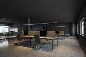 Corner of gray office with meeting room