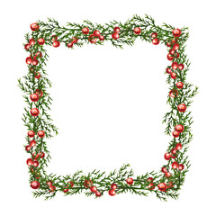 Watercolor illustration Christmas wreath of holly green twig with red berries. Frame isolated on white background. New Year holiday celebration.