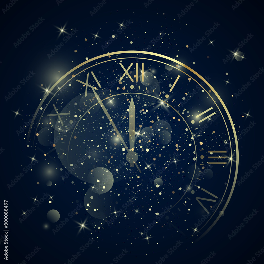 Poster golden clock dial with roman numbers on magic christmas glitter background. new year countdown and c