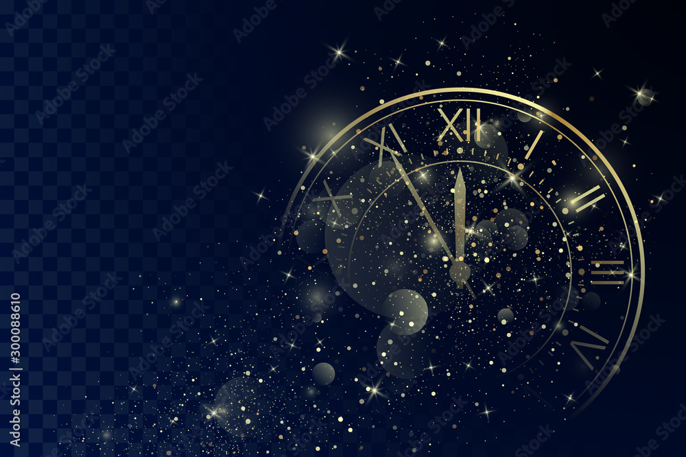 Aufkleber golden clock dial with roman numbers on magic christmas glitter background. new year countdown and c