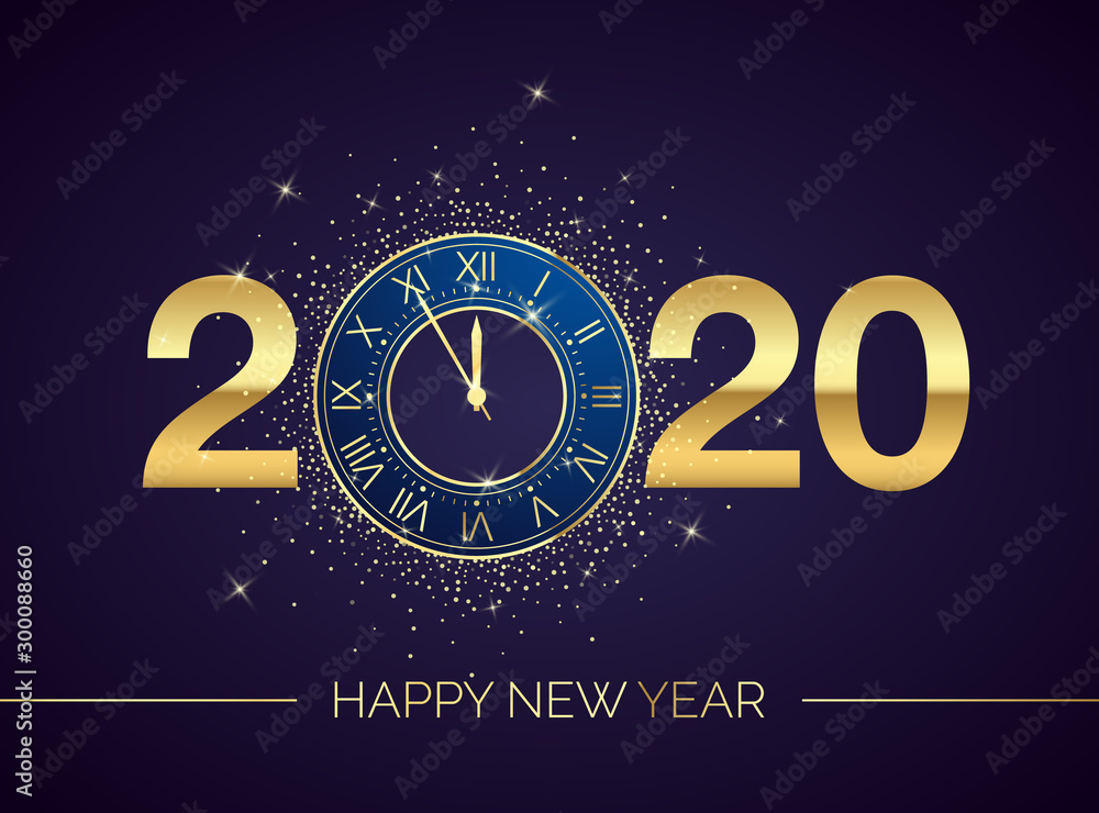 Poster golden clock dial with numbers 2020 on magic christmas background. new year countdown and chimes. fi