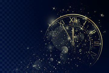 Golden Clock Dial with Roman Numbers on Magic Christmas Glitter Background. New Year Countdown and chimes. Five minutes before twelve. Vector - obrazy, fototapety, plakaty