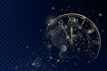 Fotobehang Golden Clock Dial with Roman Numbers on Magic Christmas Glitter Background. New Year Countdown and chimes. Five minutes before twelve. Vector © Ihor