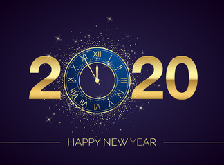 Golden Clock Dial with Numbers 2020 on Magic Christmas Background. New Year Countdown and Chimes. Five Minutes before Twelve Template for your Design Poster or Invitation. Vector illustration