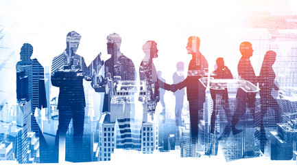 Teamwork and partnership. Business people in city