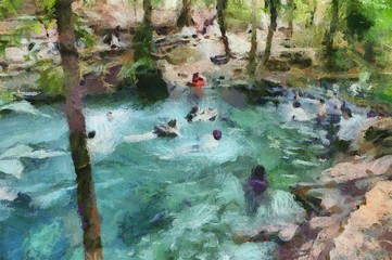 Streams in the forest where tourists play in the water Illustration creating Impressionist painting.