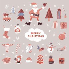Set of Christmas graphic elements, Santa, xmas trees, snowman, and others design elements. Flat hand drawn doodle illustration.