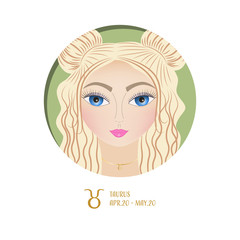 Zodiac sign Taurus, female portrait with hair buns in a round frame. Idea of astrological prediction and fortune. Perfect as an avatar, calendar or a postcard