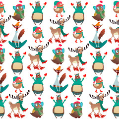 Fototapeta premium Cute Merry Christmas Animal pattern: birds, bear, deer, cat. Colorful animals wearing warm winter clothes like gloves, sweaters, hats, boots and scarf. Vintage vector Xmas cartoon character pattern.