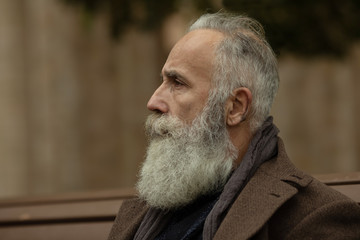 Portrait of a bearded senior man outdoors, sitting on a bench in a park