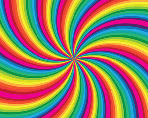 Spiral and swirl motion twisting circles design. Colorful cyclone sweet candy radial pattern background. Vortex starburst spiral swirl. Helix rotation rays. Vector rainbow stripes. sun light beams.