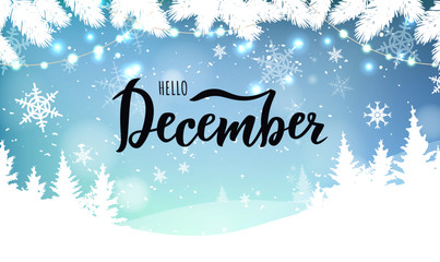 December word. Hand lettering typography with snowflakes. Vector illustration as poster, postcard, greeting card, invitation template. Concept February advertising - Powered by Adobe