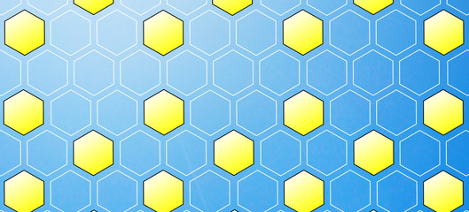 Abstract honeycomb background in blue and yellow colors. Geometric hexagon pattern.