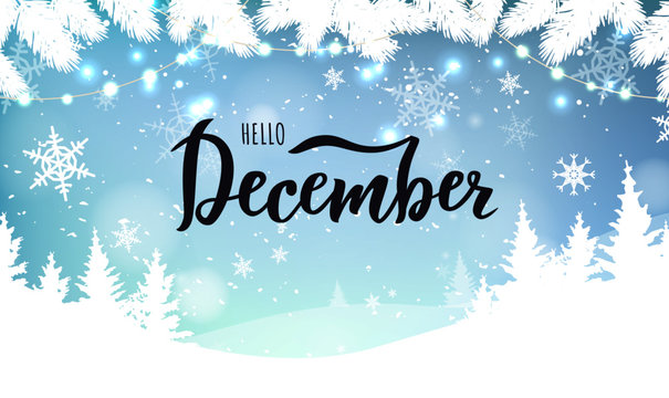 December word. Hand lettering typography with snowflakes. Vector illustration as poster, postcard, greeting card, invitation template. Concept February advertising